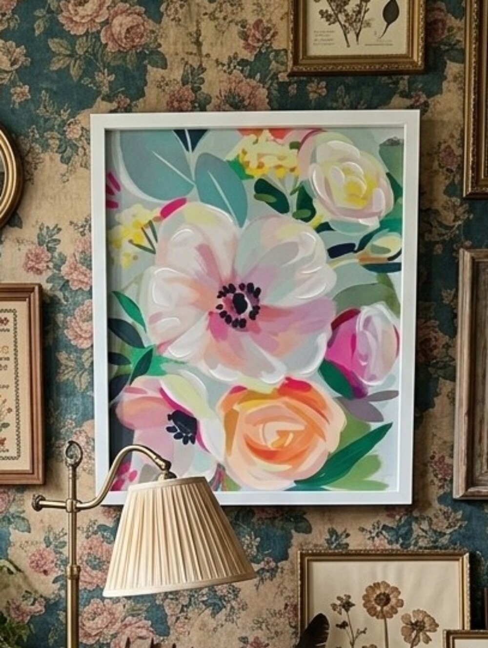 Floral Painting White Frame Colorful Textured Summer Colors Med/large